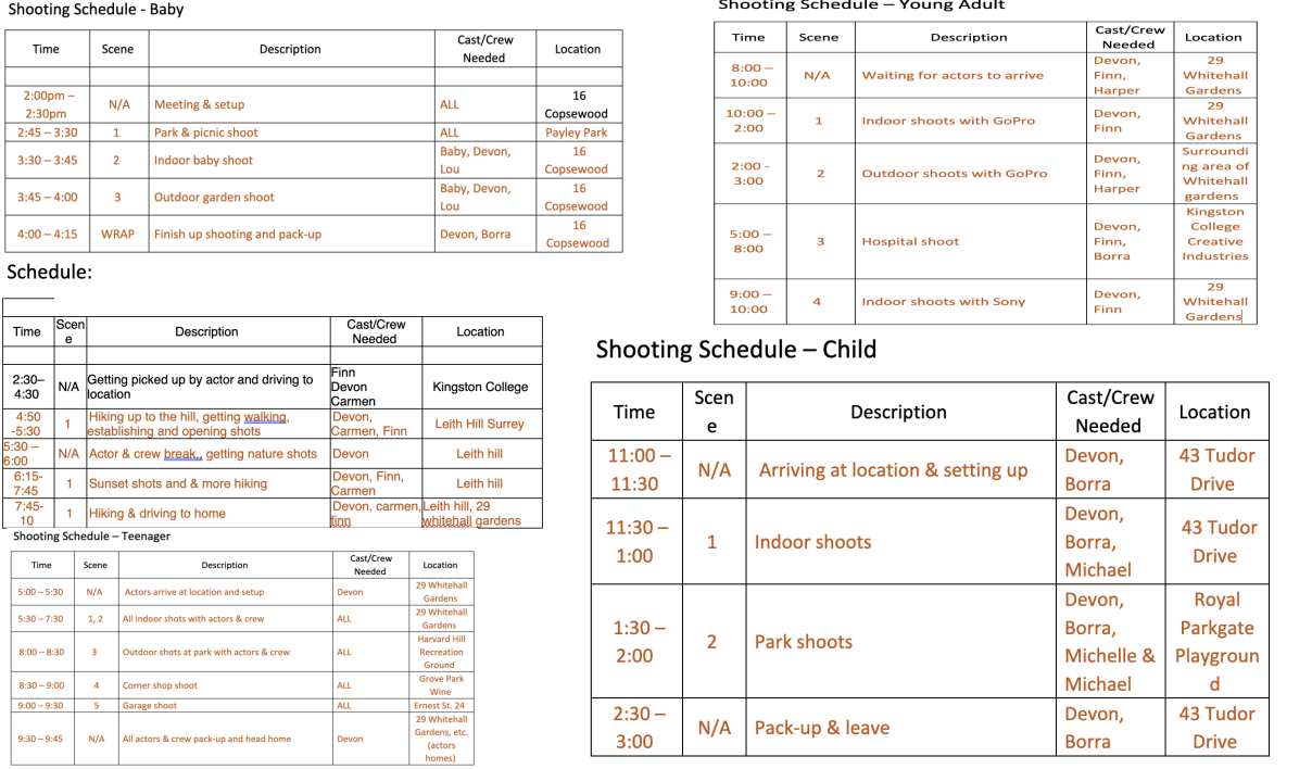 Shooting schedules for the baby, teenage, young adult and child segments