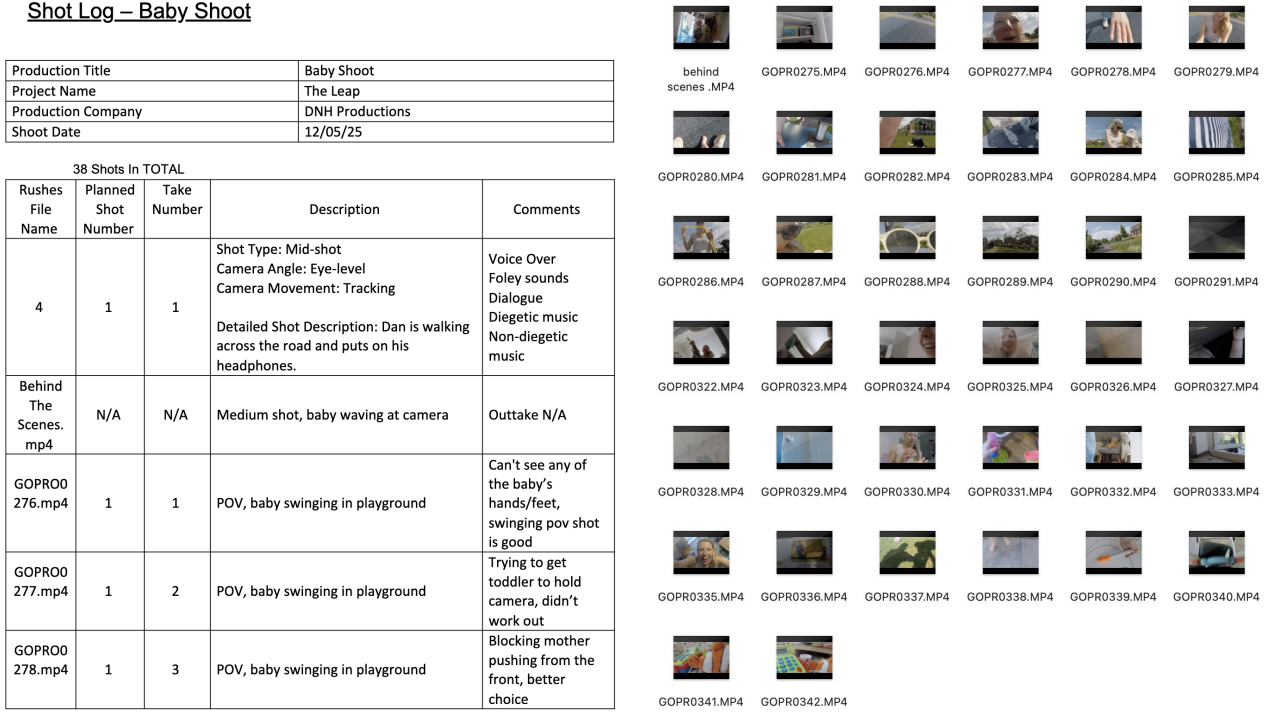 Production shot log for the baby shoot, 38 shots logged