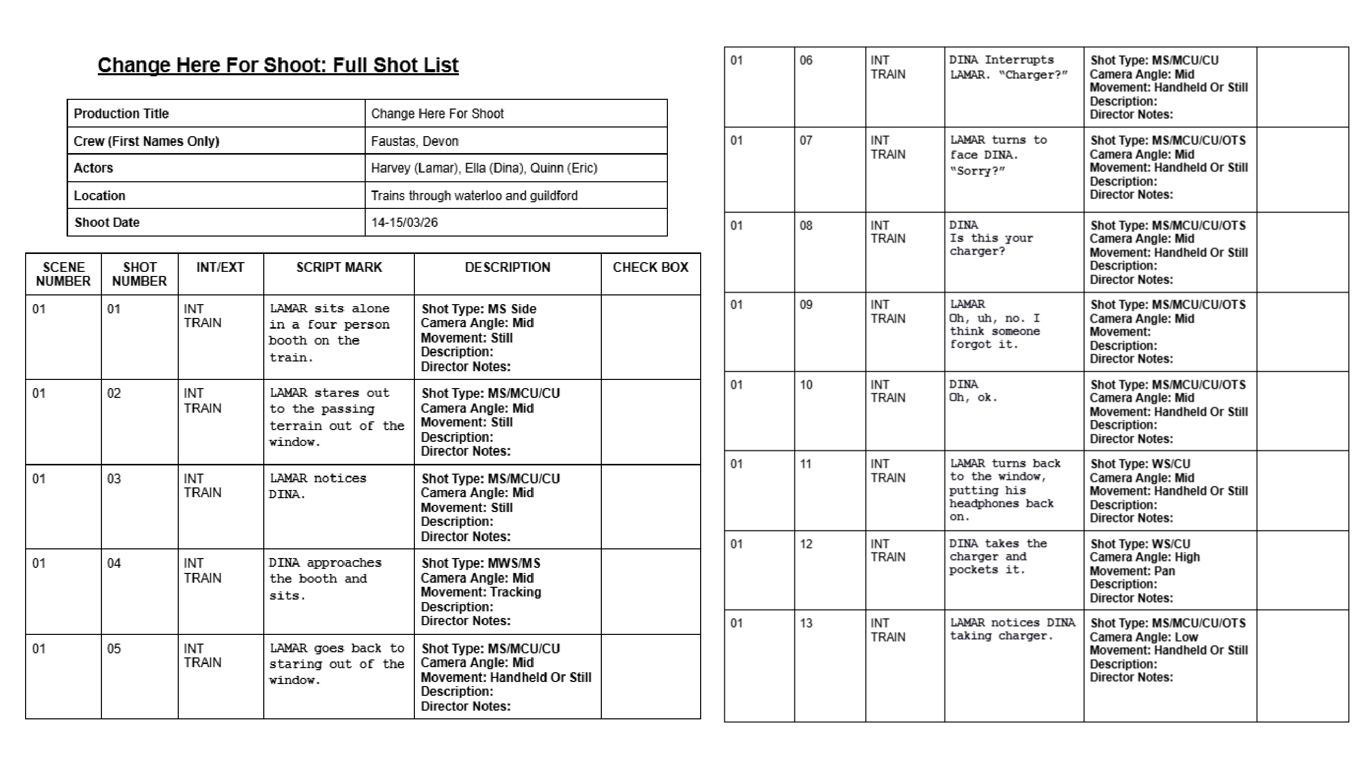 Shot list for Change Here For;
