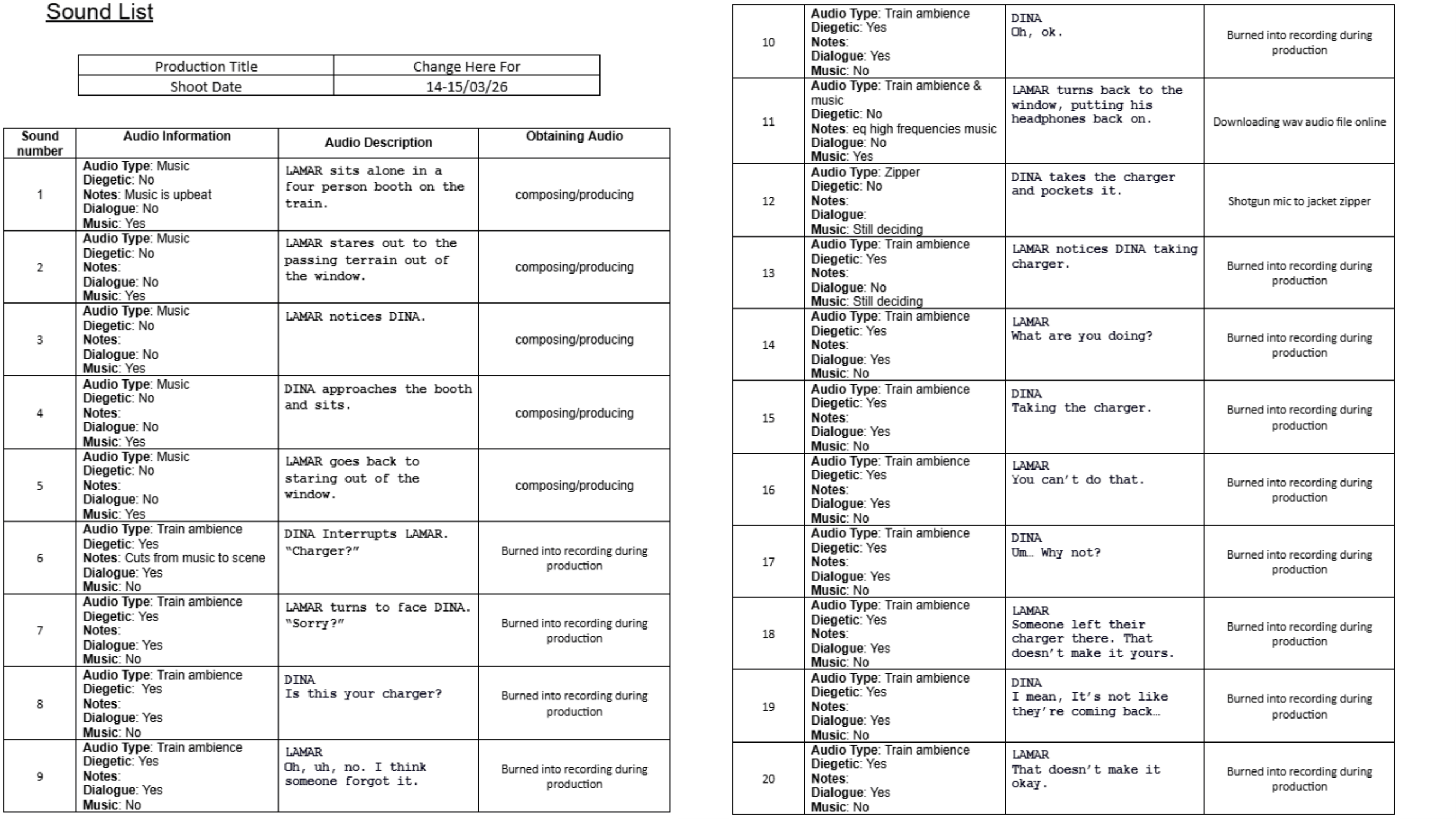 Sound list for Change Here For;